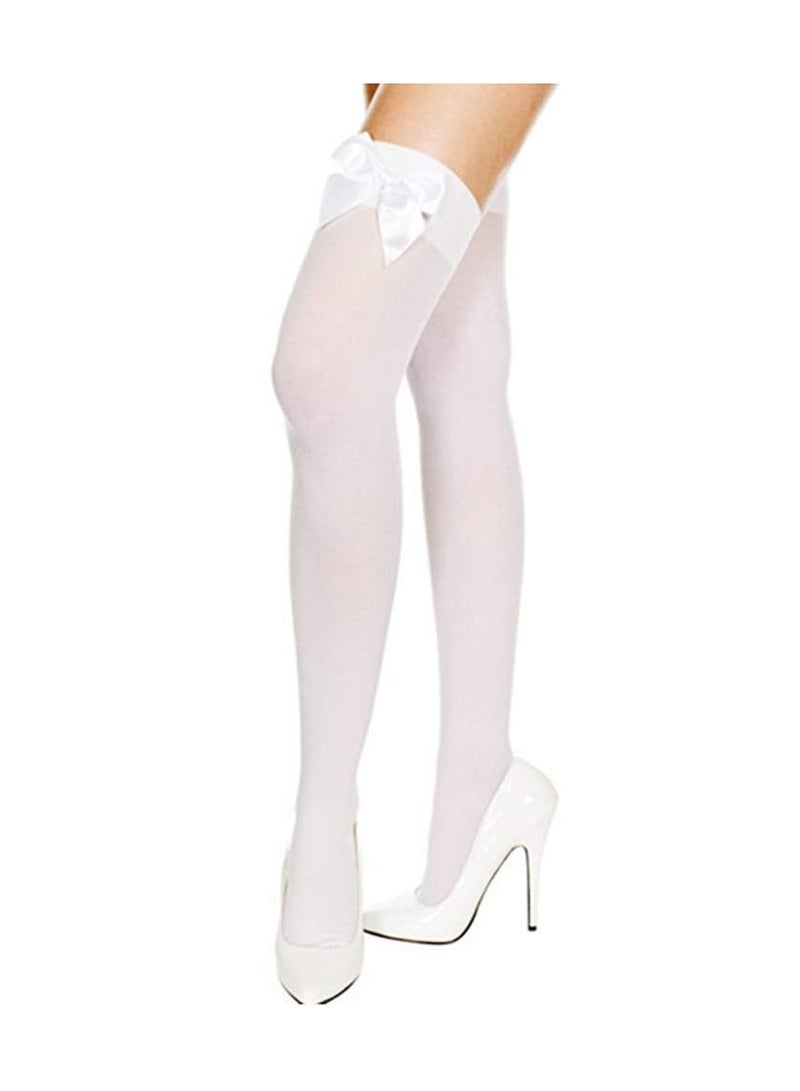 2 Pcs Knee High Stockings with Bows - 2 Pairs Womens Opaque Hold ups Stocking Ladies Black and White Thigh High Long Over Knee Length Socks with Bow Top Stockings One Size - Image 3