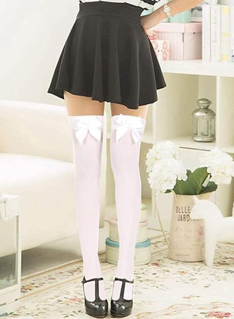 2 Pcs Knee High Stockings with Bows - 2 Pairs Womens Opaque Hold ups Stocking Ladies Black and White Thigh High Long Over Knee Length Socks with Bow Top Stockings One Size - Image 5
