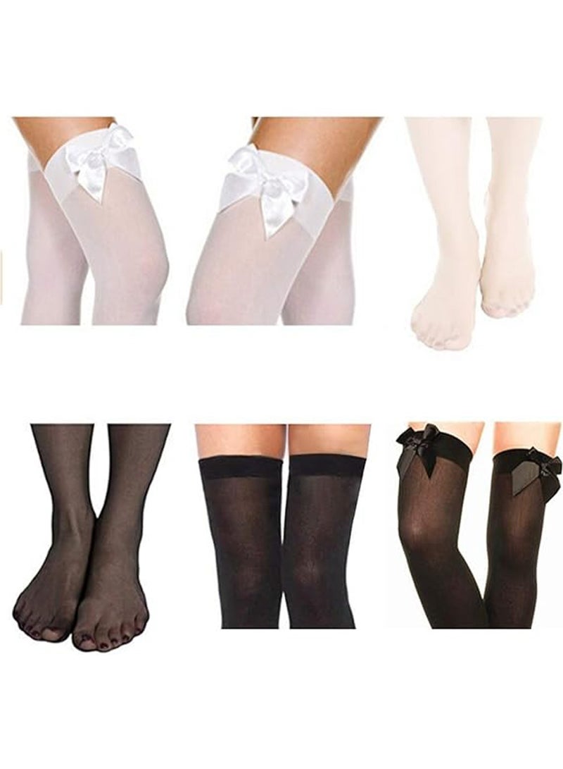 2 Pcs Knee High Stockings with Bows - 2 Pairs Womens Opaque Hold ups Stocking Ladies Black and White Thigh High Long Over Knee Length Socks with Bow Top Stockings One Size - Image 2