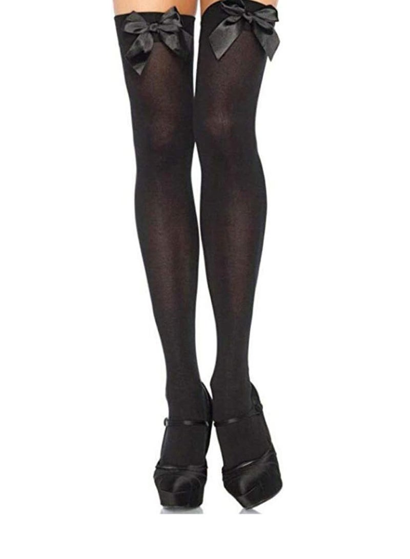 2 Pcs Knee High Stockings with Bows - 2 Pairs Womens Opaque Hold ups Stocking Ladies Black and White Thigh High Long Over Knee Length Socks with Bow Top Stockings One Size - Image 4