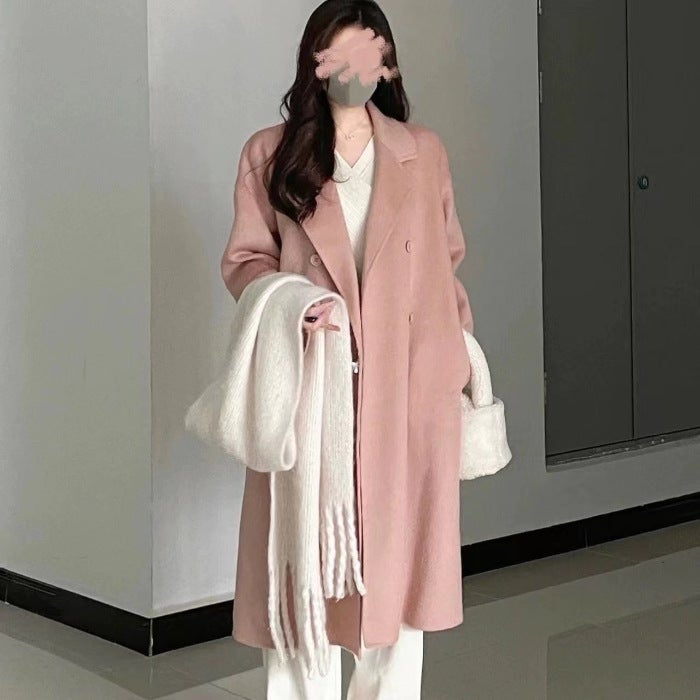 Autumn and Winter Korean Double-sided Fleece Wool Coat Womens 2024 New Fashionable Western Style Loose Mid-length Coat Coat Gown T3412#Pink 