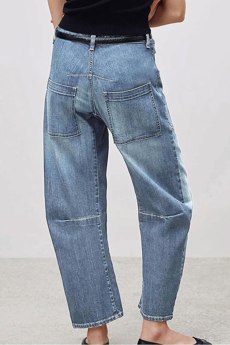 yoeasy Womens Baggy Barrel Jeans Mid Rise Wide Leg Vintage Denim Ankle Pants Boyfriend Jeans with Pockets (Small, Light Blue) - Image 5