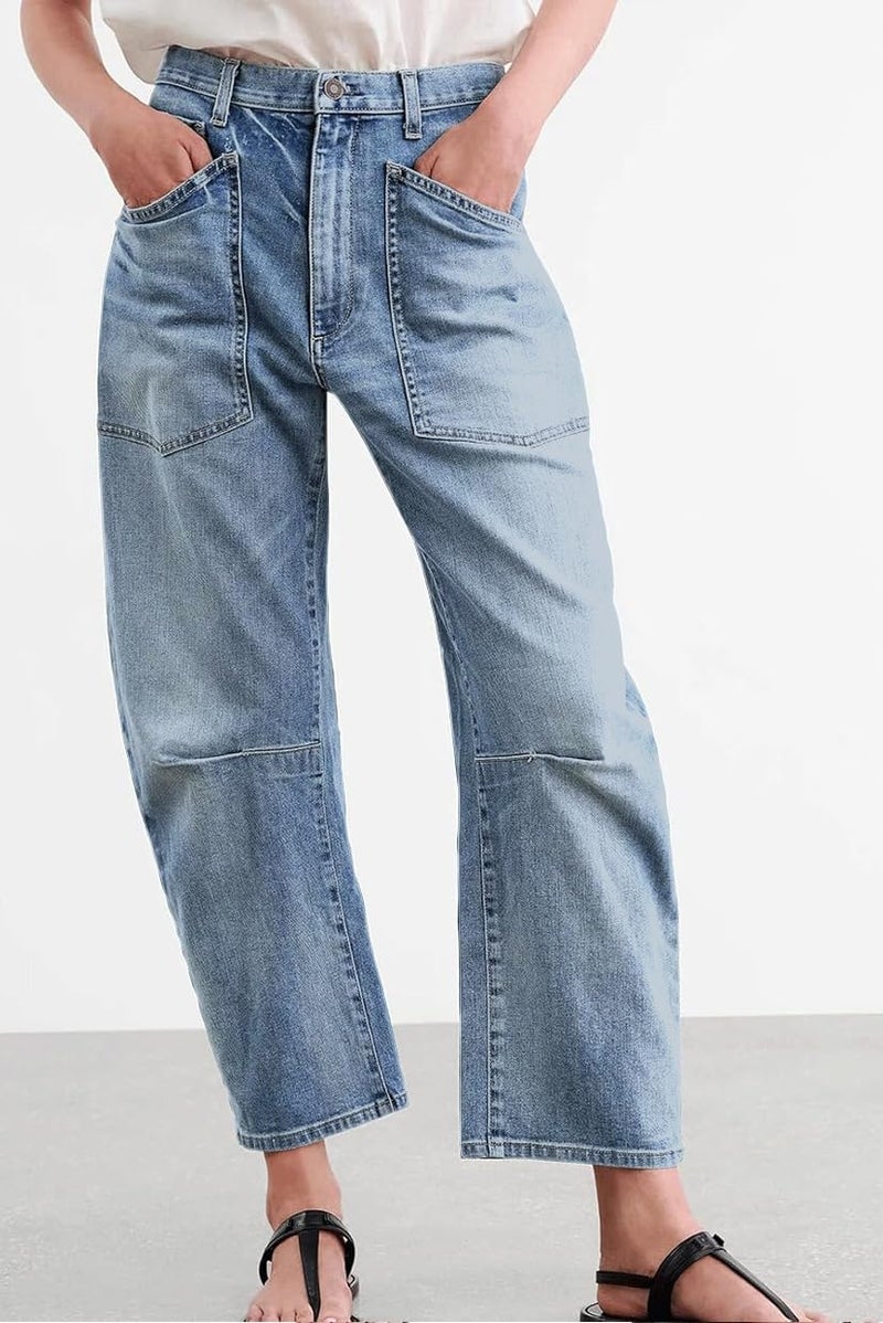 yoeasy Womens Baggy Barrel Jeans Mid Rise Wide Leg Vintage Denim Ankle Pants Boyfriend Jeans with Pockets (Small, Light Blue) - Image 1