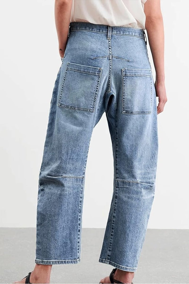 yoeasy Womens Baggy Barrel Jeans Mid Rise Wide Leg Vintage Denim Ankle Pants Boyfriend Jeans with Pockets (Small, Light Blue) - Image 2