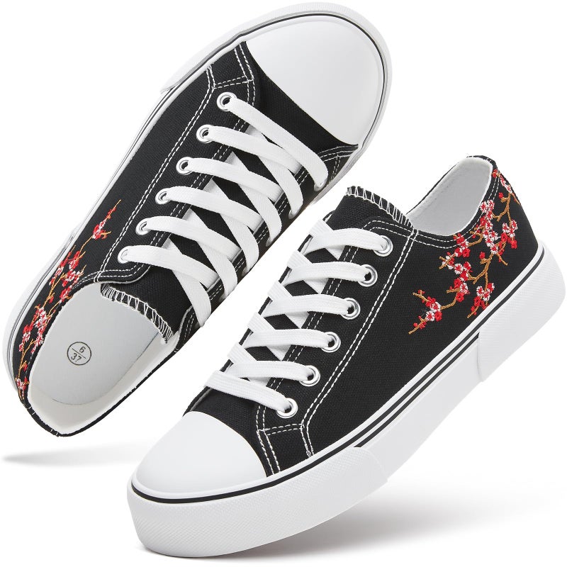 hash bubbie Women's Canvas Shoes Fashion Canvas Sneakers for Women Casual Tennis Sneakers Low Top Walking Shoes(Black Embroidery Flower.US9) - Image 1