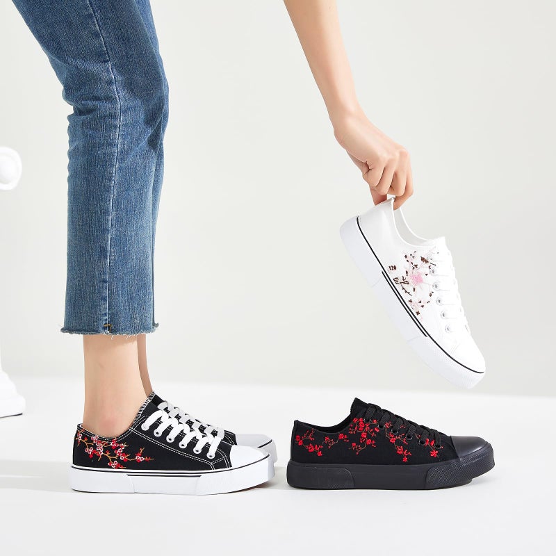 hash bubbie Women's Canvas Shoes Fashion Canvas Sneakers for Women Casual Tennis Sneakers Low Top Walking Shoes(Black Embroidery Flower.US9) - Image 3