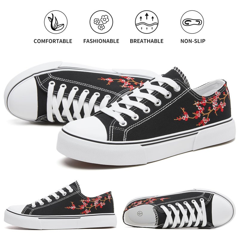 hash bubbie Women's Canvas Shoes Fashion Canvas Sneakers for Women Casual Tennis Sneakers Low Top Walking Shoes(Black Embroidery Flower.US9) - Image 5