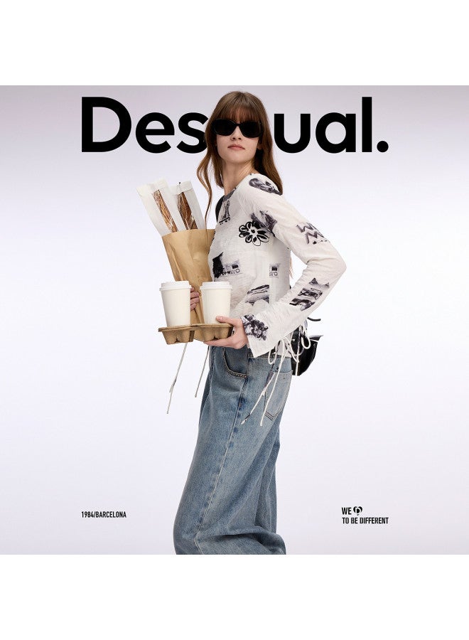 DESIGUAL 25 Spring/summer New Bubble Gauze Printed Drawstring Loose Round-neck Women's Blouse - Image 2