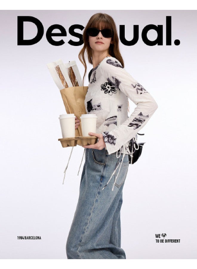 DESIGUAL 25 Spring/summer New Bubble Gauze Printed Drawstring Loose Round-neck Women's Blouse - Image 1