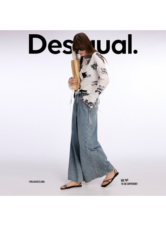 DESIGUAL 25 Spring/summer New Bubble Gauze Printed Drawstring Loose Round-neck Women's Blouse - Image 3