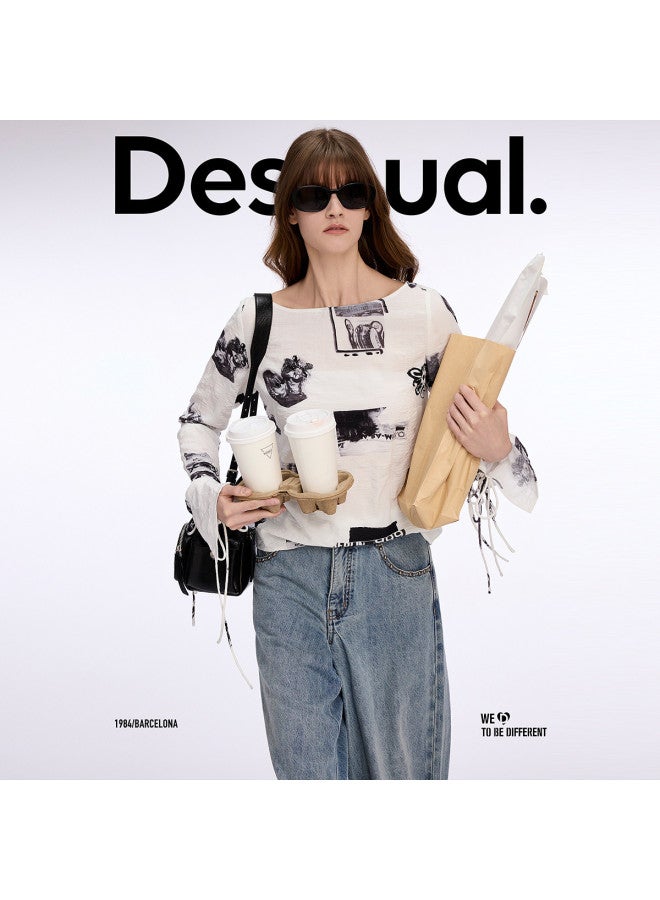 DESIGUAL 25 Spring/summer New Bubble Gauze Printed Drawstring Loose Round-neck Women's Blouse - Image 5