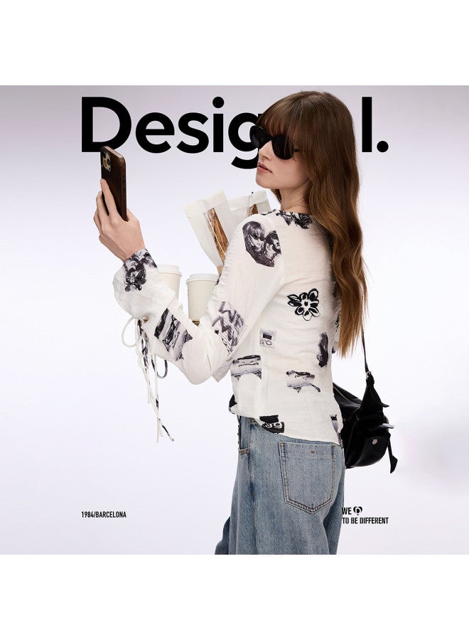 DESIGUAL 25 Spring/summer New Bubble Gauze Printed Drawstring Loose Round-neck Women's Blouse - Image 4