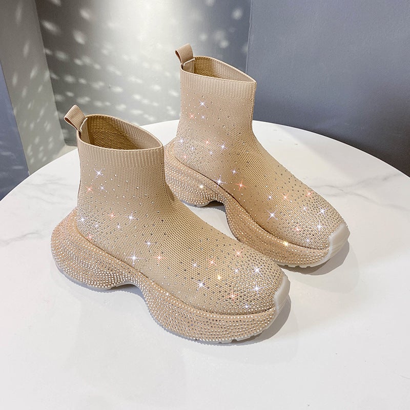 2024 High-Top Sneakers Elastic Sock Womens Thick Sole Diamond Off-white
