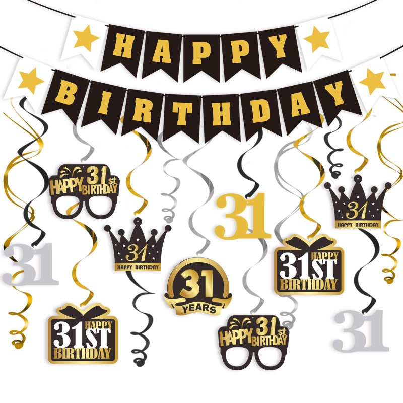 LINGTEER Happy 31st Birthday Decorations Set  12Pcs Black  Gold Swirls StreamerHappy Birthday Bunting BannerCheers to 31 Years Old Bday Party Decorations Gift Sign