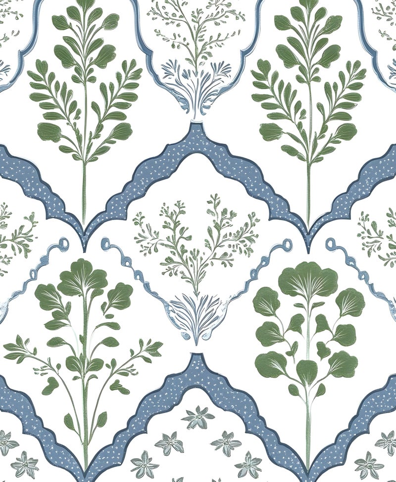 Laatse Vintage Wallpaper Peel and Stick, White/Green/Blue Geometric Floral Contact Paper, Minimalist Botanical Wall Paper Self Adhesive Removable Waterproof for Room Shelf Cabinet Drawer Table 17.5" x 118" - Image 1