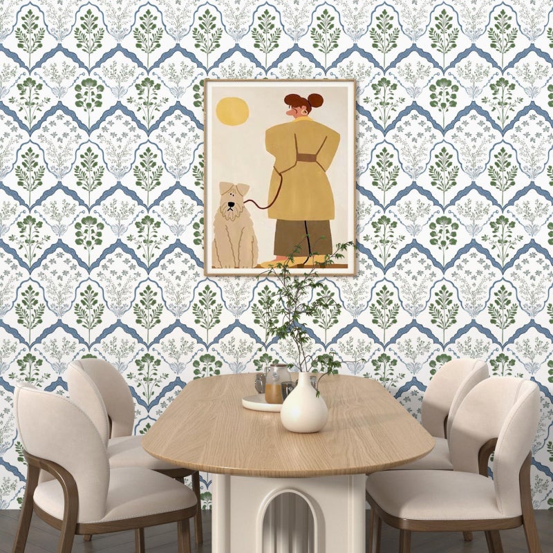 Laatse Vintage Wallpaper Peel and Stick, White/Green/Blue Geometric Floral Contact Paper, Minimalist Botanical Wall Paper Self Adhesive Removable Waterproof for Room Shelf Cabinet Drawer Table 17.5" x 118" - Image 4