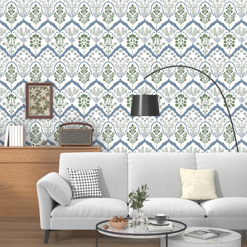 Laatse Vintage Wallpaper Peel and Stick, White/Green/Blue Geometric Floral Contact Paper, Minimalist Botanical Wall Paper Self Adhesive Removable Waterproof for Room Shelf Cabinet Drawer Table 17.5" x 118" - Image 2