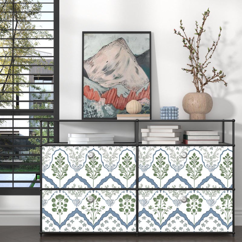 Laatse Vintage Wallpaper Peel and Stick, White/Green/Blue Geometric Floral Contact Paper, Minimalist Botanical Wall Paper Self Adhesive Removable Waterproof for Room Shelf Cabinet Drawer Table 17.5" x 118" - Image 3