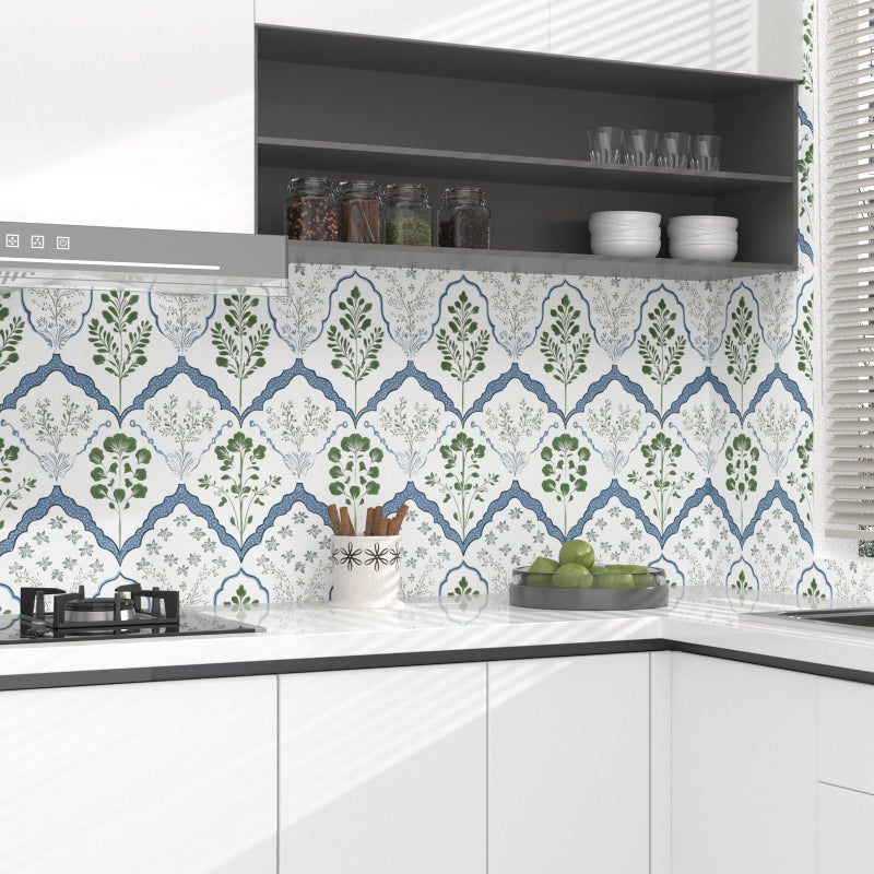 Laatse Vintage Wallpaper Peel and Stick, White/Green/Blue Geometric Floral Contact Paper, Minimalist Botanical Wall Paper Self Adhesive Removable Waterproof for Room Shelf Cabinet Drawer Table 17.5" x 118" - Image 5