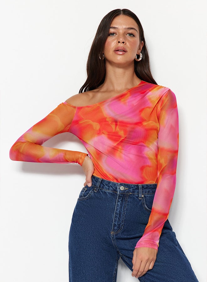 trendyol Pink Patterned Tulle Back Transparent Fitted/Sticky Snaps Knitted Bodysuit - Image 2