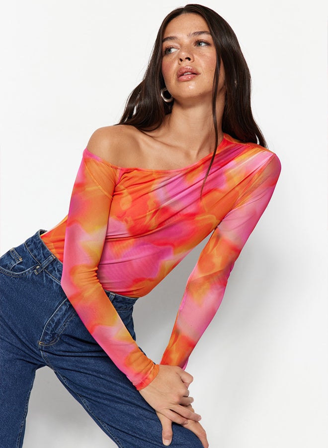 trendyol Pink Patterned Tulle Back Transparent Fitted/Sticky Snaps Knitted Bodysuit - Image 1