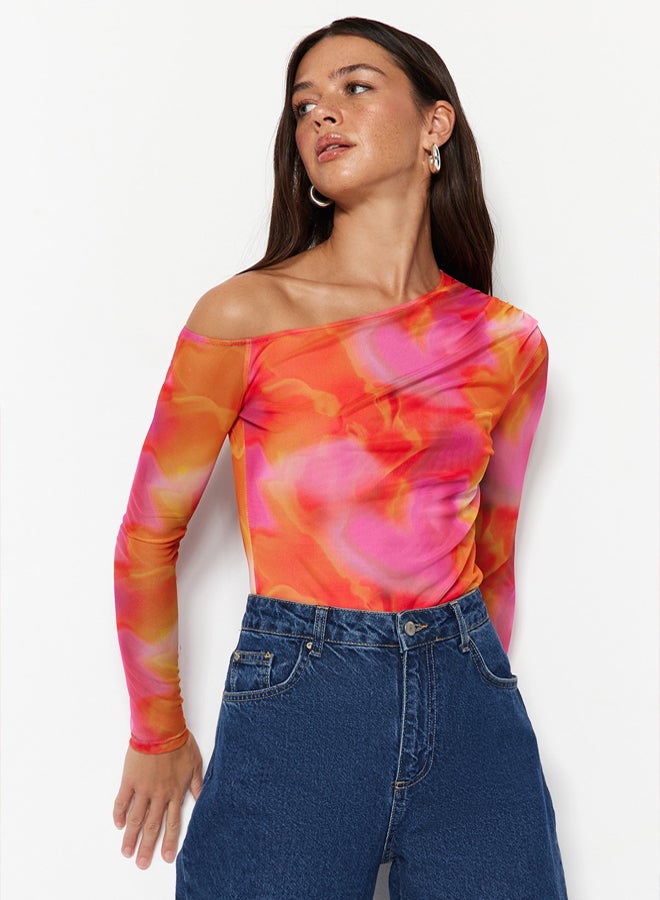 trendyol Pink Patterned Tulle Back Transparent Fitted/Sticky Snaps Knitted Bodysuit - Image 3