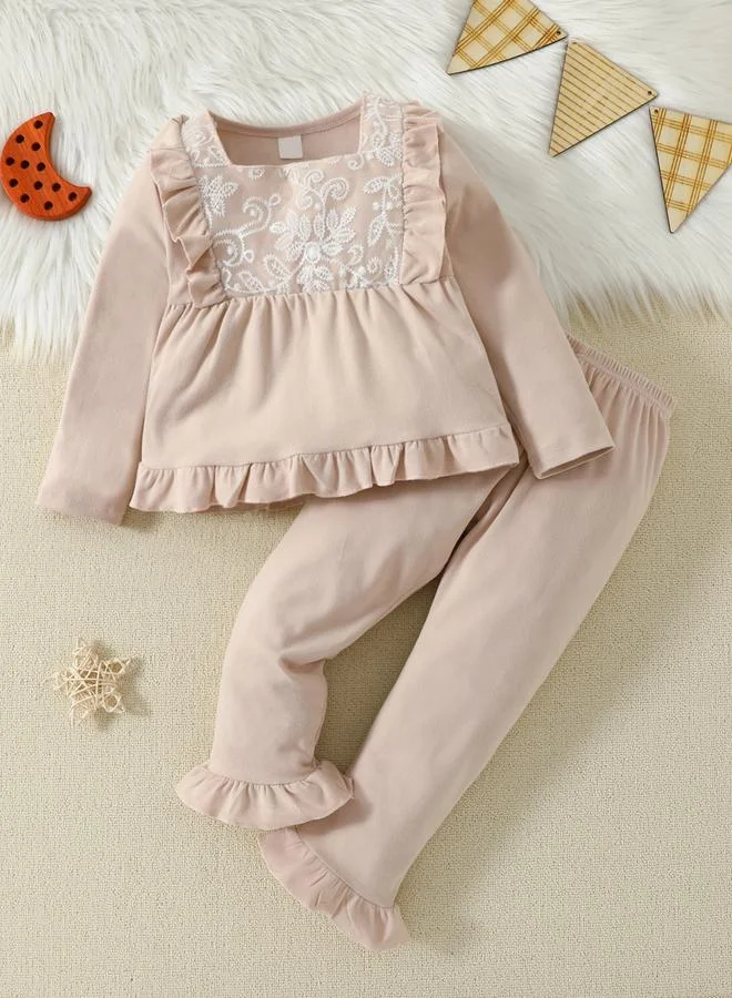 Take Two Girls Beige Lace Trim T-Shirt and Pyjama Set