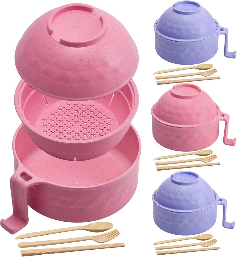 Romooa 4 Sets Microwave Ramen Cooker Bowl Set 33 oz Quick Ramen Cooker with Handles Ramen Noodle Cooker with Spoon Chopsticks Fork College Dorm Room Apartment EssentialsPink Purple - Image 1