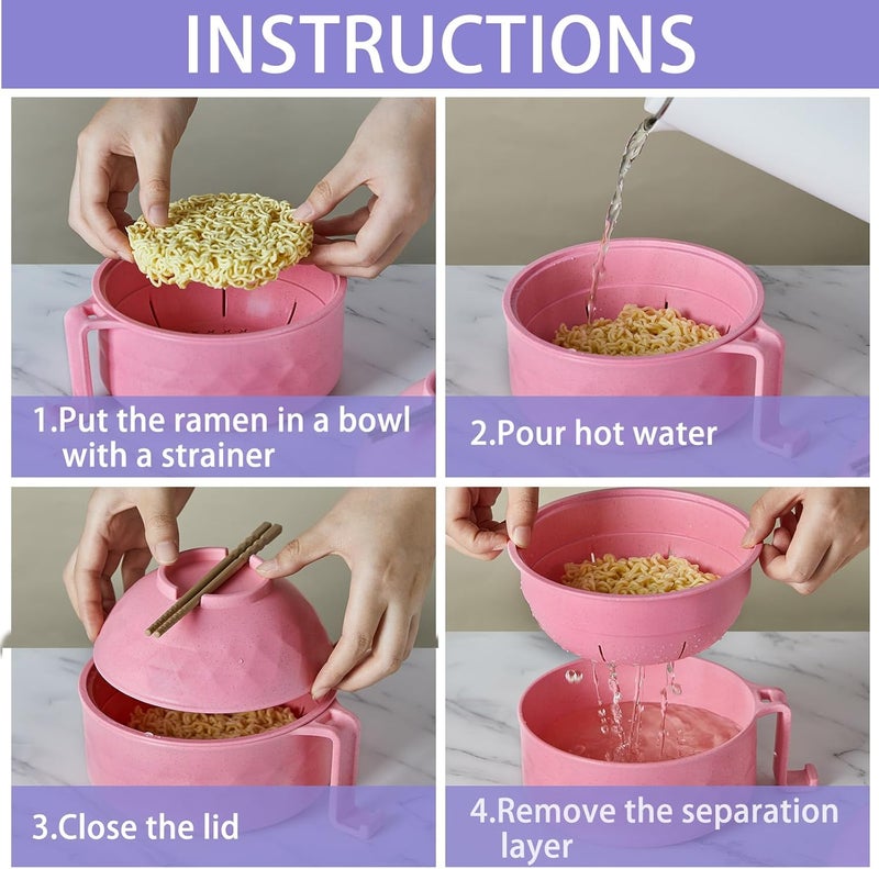 Romooa 4 Sets Microwave Ramen Cooker Bowl Set 33 oz Quick Ramen Cooker with Handles Ramen Noodle Cooker with Spoon Chopsticks Fork College Dorm Room Apartment EssentialsPink Purple - Image 3
