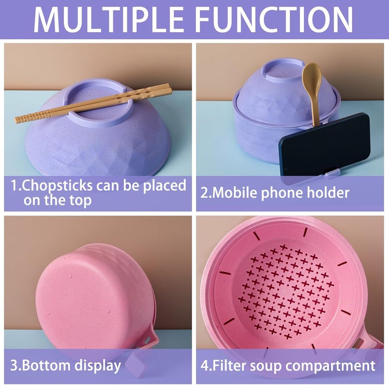 Romooa 4 Sets Microwave Ramen Cooker Bowl Set 33 oz Quick Ramen Cooker with Handles Ramen Noodle Cooker with Spoon Chopsticks Fork College Dorm Room Apartment EssentialsPink Purple - Image 4