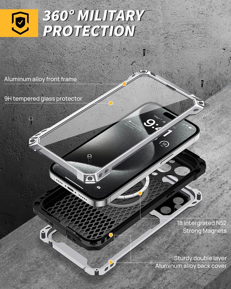 Lanhiem for iPhone 15 Pro Max Metal Case, [Built-in Camera Kickstand & Glass Screen Protector] Protective Heavy Duty Full Body Military Rugged Shockproof Magnetic Cover (Silver) - Image 2