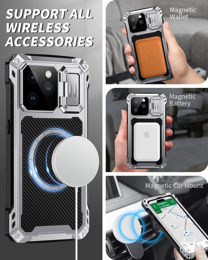 Lanhiem for iPhone 15 Pro Max Metal Case, [Built-in Camera Kickstand & Glass Screen Protector] Protective Heavy Duty Full Body Military Rugged Shockproof Magnetic Cover (Silver) - Image 3