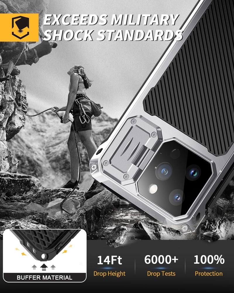 Lanhiem for iPhone 15 Pro Max Metal Case, [Built-in Camera Kickstand & Glass Screen Protector] Protective Heavy Duty Full Body Military Rugged Shockproof Magnetic Cover (Silver) - Image 5