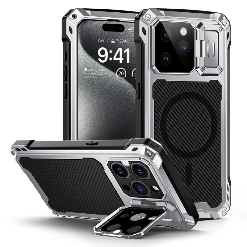 Lanhiem for iPhone 15 Pro Max Metal Case, [Built-in Camera Kickstand & Glass Screen Protector] Protective Heavy Duty Full Body Military Rugged Shockproof Magnetic Cover (Silver) - Image 1