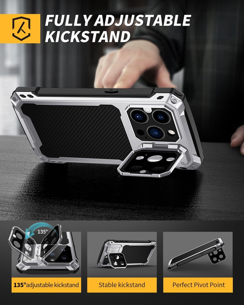 Lanhiem for iPhone 15 Pro Max Metal Case, [Built-in Camera Kickstand & Glass Screen Protector] Protective Heavy Duty Full Body Military Rugged Shockproof Magnetic Cover (Silver) - Image 4