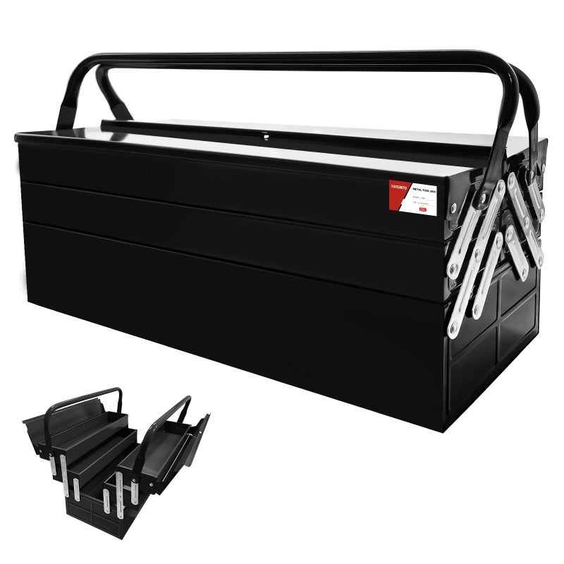 YATOINTO Metal Cantilever Tool Box, 21" Fold Out Steel Tool Box with Handle 3-Tier 5 Tray, Portable Metal Tool Storage Box Organizers for Home Studio Auto Repair Factory (black) - Image 1