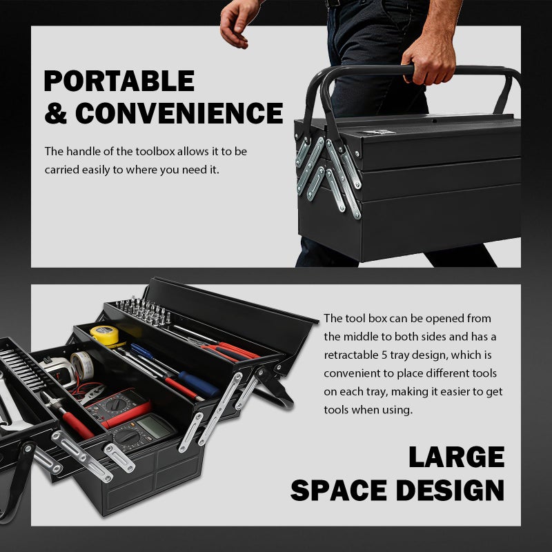 YATOINTO Metal Cantilever Tool Box, 21" Fold Out Steel Tool Box with Handle 3-Tier 5 Tray, Portable Metal Tool Storage Box Organizers for Home Studio Auto Repair Factory (black) - Image 5