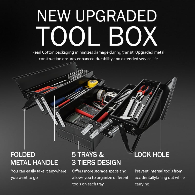 YATOINTO Metal Cantilever Tool Box, 21" Fold Out Steel Tool Box with Handle 3-Tier 5 Tray, Portable Metal Tool Storage Box Organizers for Home Studio Auto Repair Factory (black) - Image 3