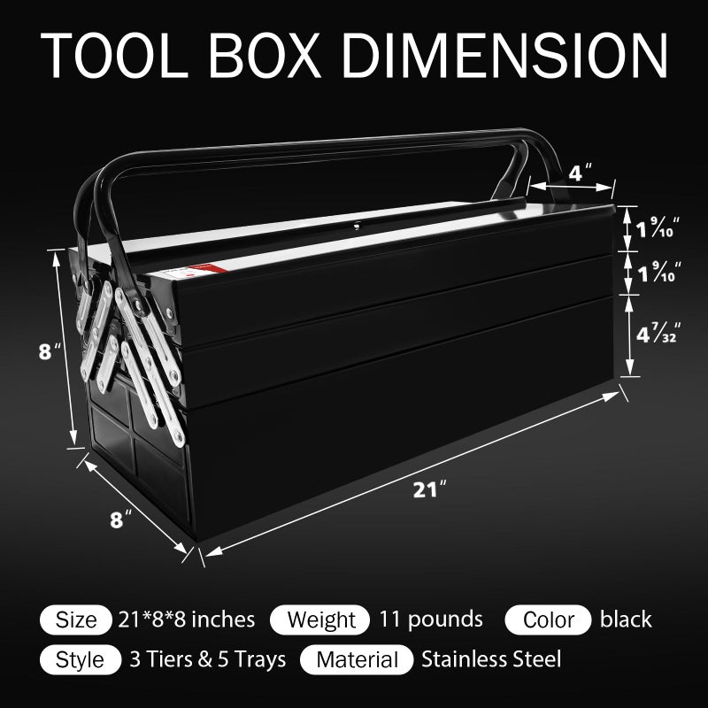 YATOINTO Metal Cantilever Tool Box, 21" Fold Out Steel Tool Box with Handle 3-Tier 5 Tray, Portable Metal Tool Storage Box Organizers for Home Studio Auto Repair Factory (black) - Image 2