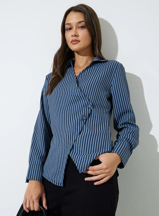 Styli Navy Blue Striped Long Sleeves Wrap Top