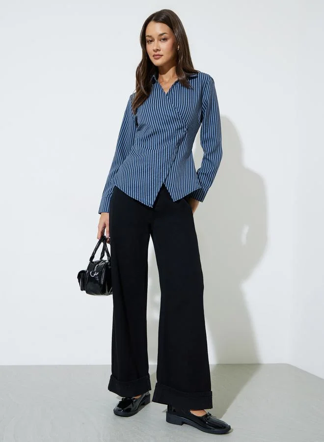 Styli Navy Blue Striped Long Sleeves Wrap Top