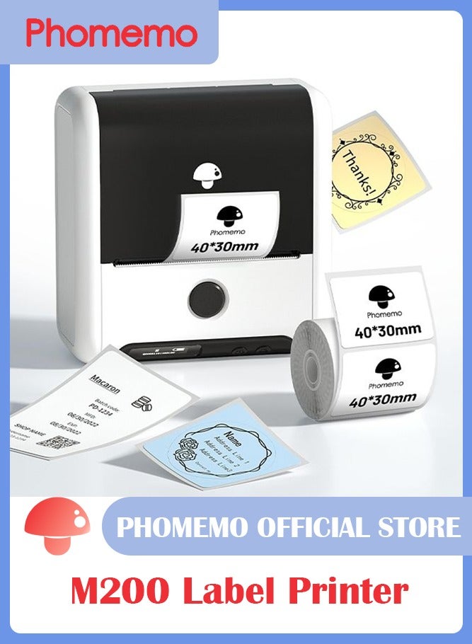 فوميمو طابعة ملصقات باركود 3 انش لملصقات المنتجات، طابعة ملصقات حرارية M200 بلوتوث لاسلكية للجوال والكمبيوتر الشخصي، صانعة ملصقات صغيرة للرموز 1D/2D، الملابس، البيع بالتجزئة - Image 1