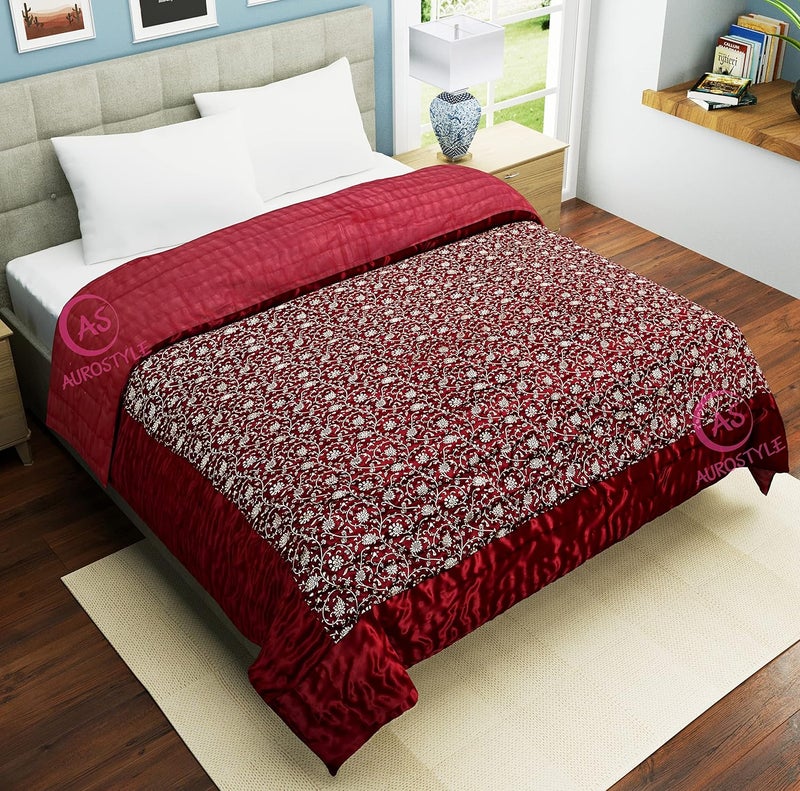 AUROSTYLE Rajasthani Cotton Filled Light Weight Silk Soft Jaipuri AC QuiltRazai Dohar Over All Floral Print Design with Gold Print Quilts Blankets for Home 85x55 InchMaroon Jaal Print Single Bed - Image 3