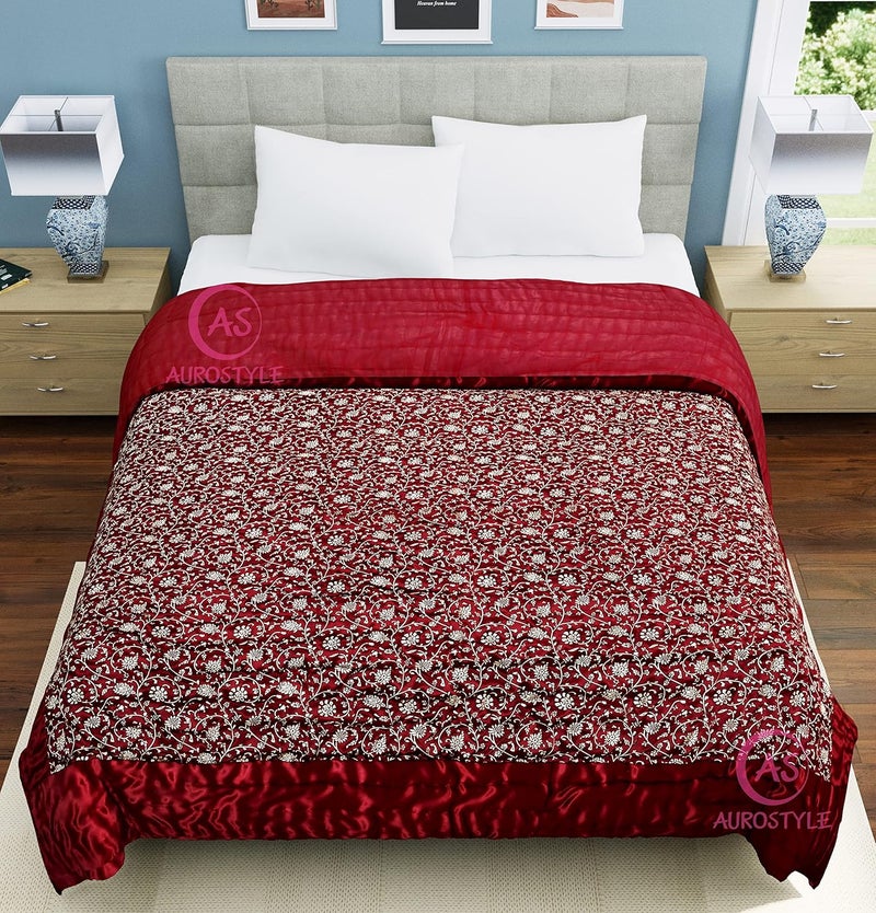 AUROSTYLE Rajasthani Cotton Filled Light Weight Silk Soft Jaipuri AC QuiltRazai Dohar Over All Floral Print Design with Gold Print Quilts Blankets for Home 85x55 InchMaroon Jaal Print Single Bed - Image 2