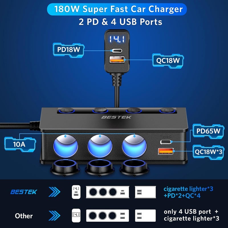 BESTEK 180W موزع ولاعة السجائر مع محول شاحن سيارة بـ 3 منافذ ومنافذ شحن سريعة - Image 3