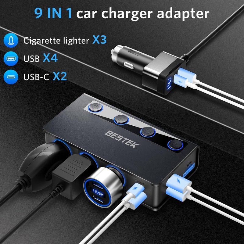 BESTEK 180W موزع ولاعة السجائر مع محول شاحن سيارة بـ 3 منافذ ومنافذ شحن سريعة - Image 2