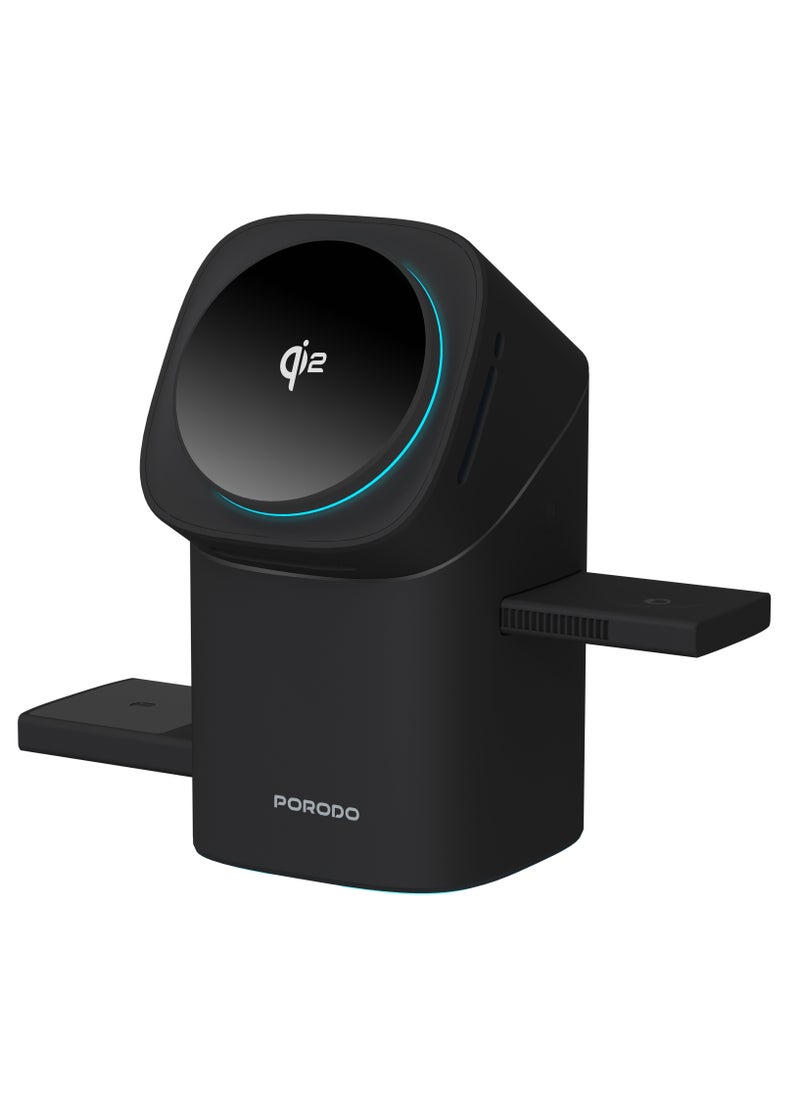 porodo - Auto Rotate & Slide Qi2 Magsafe Charging / Flexible Viewing Angle /Wireless Watch Charger / Earbuds and Phone Charger / Charge Quickly and Safely - Black - Image 1