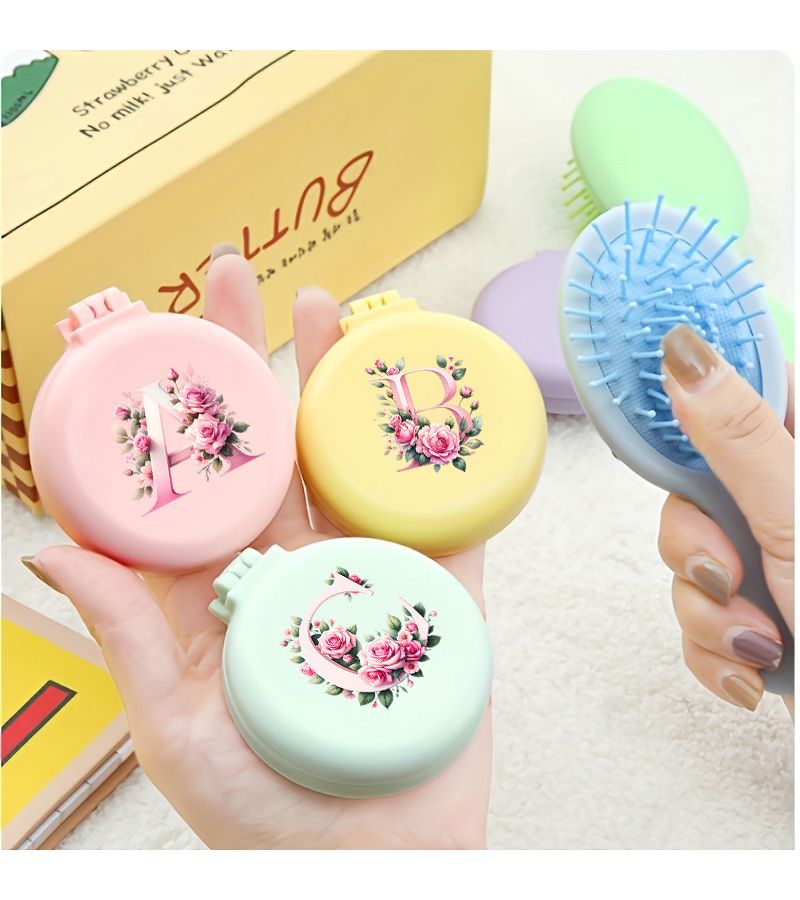 1pc Floral Initial Mini Air Cushion Hair Brush A-Z Letter Monogram Name Portable Folding Hair Brush with Mirror Travel Size Detangling Comb Ideal Birthday Daily Gifts Available In Purple - Image 1