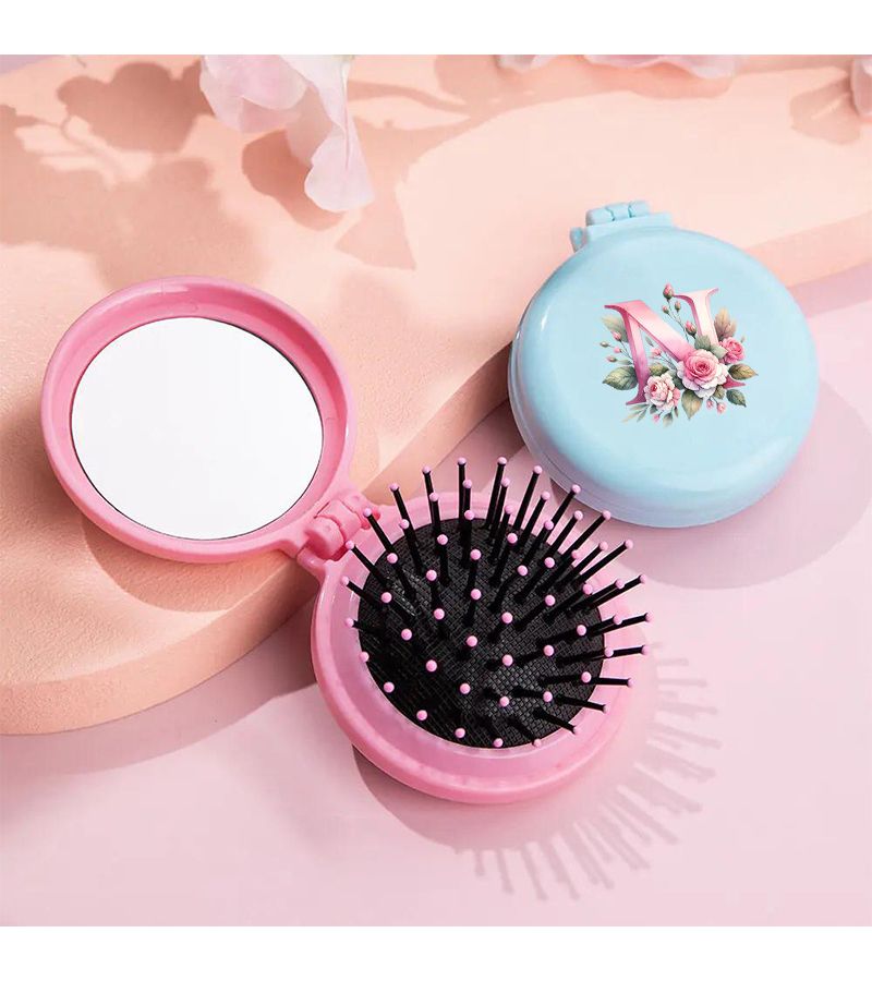 1pc Floral Initial Mini Air Cushion Hair Brush A-Z Letter Monogram Name Portable Folding Hair Brush with Mirror Travel Size Detangling Comb Ideal Birthday Daily Gifts Available In Purple - Image 5