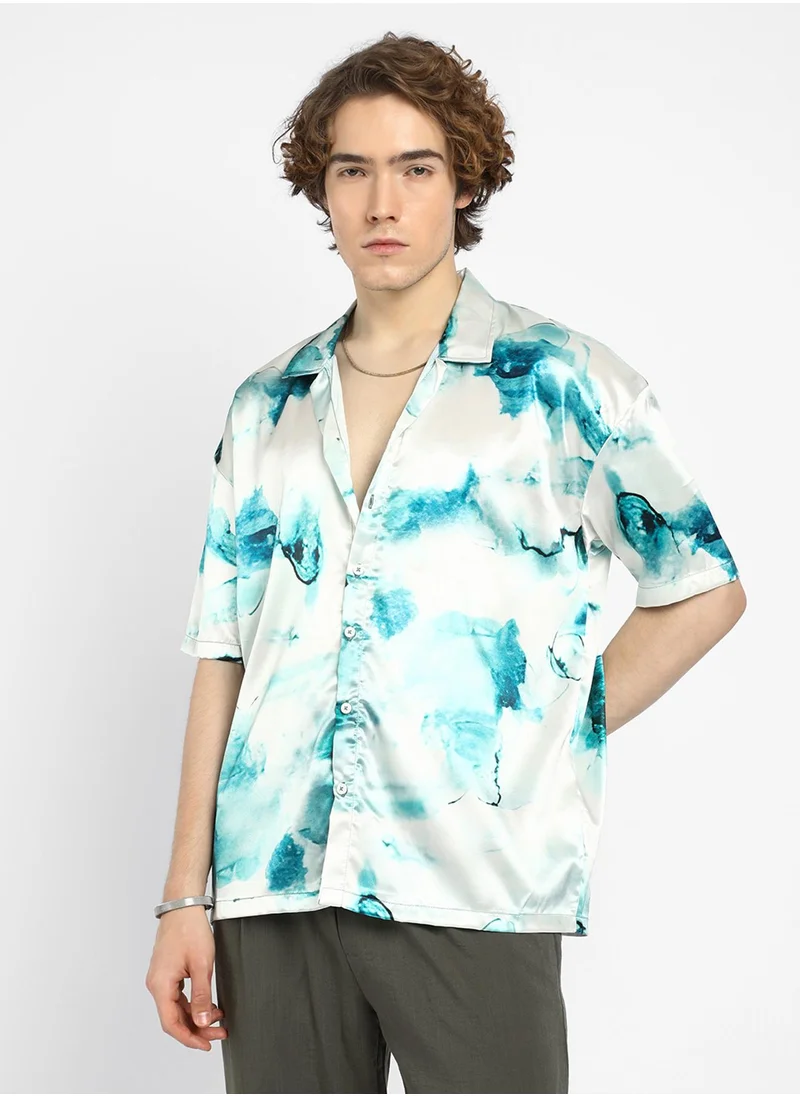 كامبوس سوترا Men's Indigo Blue & Ivory White Blob Oversized Shirt